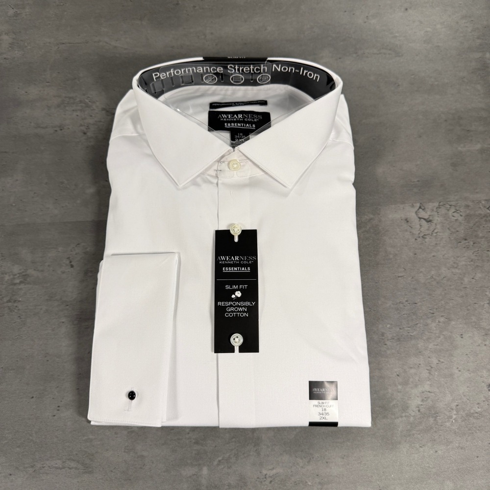 Awearness Kenneth Cole Dress Shirt Mens 2XL Essentials White French Cuff NEW $76